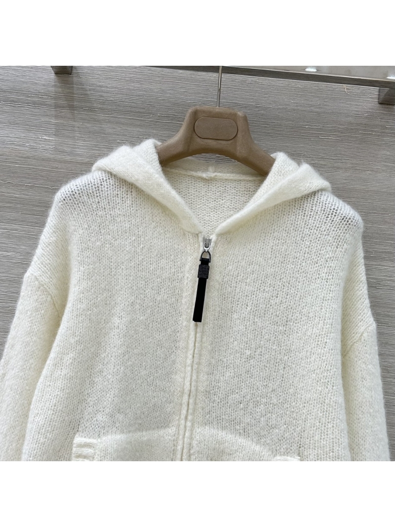Brunello Cucinelli Luxe Mohair Wool Knit Hooded Jacket in Cream White