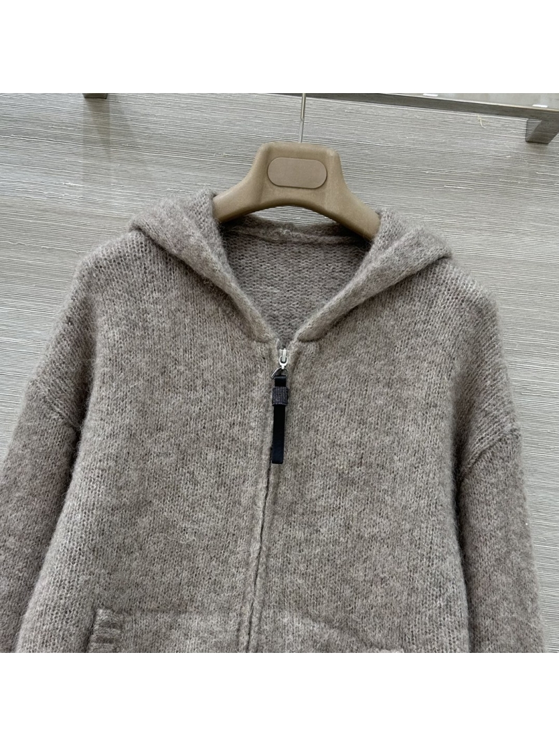 Brunello Cucinelli Luxe Mohair Wool Blend Hooded Cardigan in Taupe