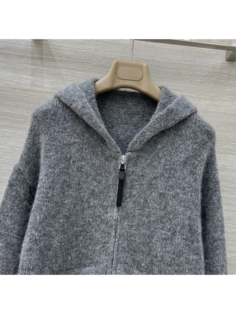 Brunello Cucinelli Luxe Cashmere Mohair Knitted Hooded Cardigan in Grey