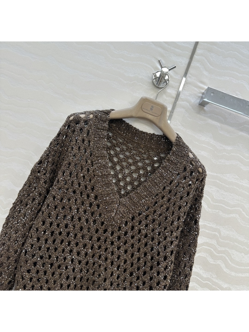 Brunello Cucinelli Exclusive Luxe Embroidered V-Neck Sweater in Chocolate Brown