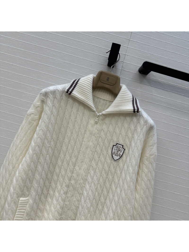 Brunello Cucinelli Cable Knit Zip-Up Cardigan in Ivory Cream with Collegiate Stripes