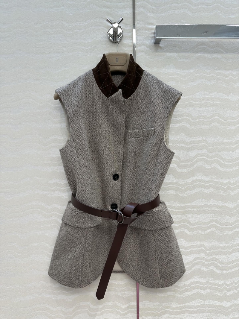 Brunello Cucinelli Suede Lamb Leather & Wool Vest - Tailored Peplum Waist with Belt