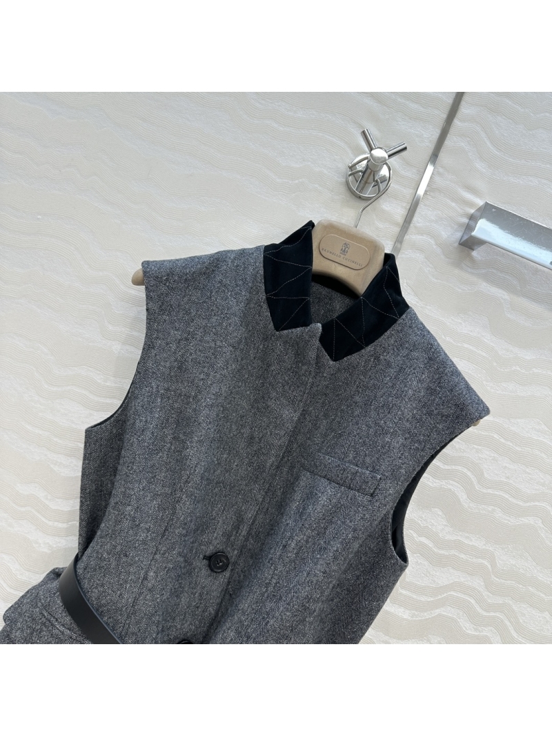 Brunello Cucinelli Gray Wool Vest with Genuine Suede Lamb Leather Collar and Belt | Minimalist Tailored Sleeveless Top