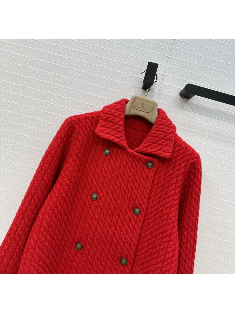 Brunello Cucinelli Cable-Knit Cashmere Jacket in Classic Red, Double-Breasted Cropped H-Line Design with Vintage Metal Buttons