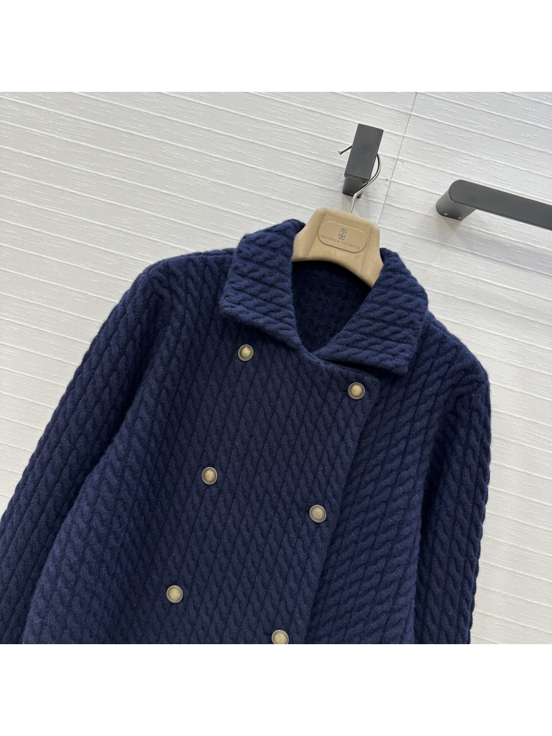 Brunello Cucinelli Navy Blue Cable-Knit Wool Blend Jacket | Double-Breasted H-Line Cropped Fit | Old Money Style