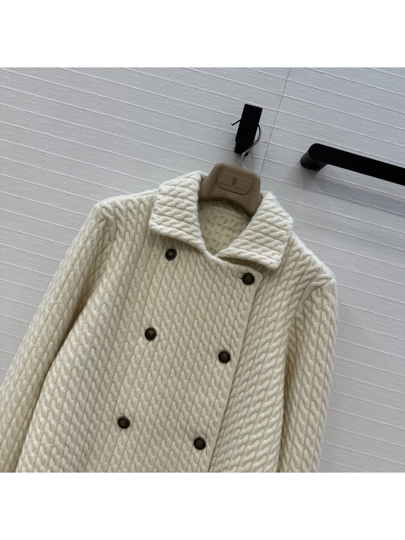 Brunello Cucinelli Cable-Knit Cashmere Blazer Jacket in Cream White – Double-Breasted H-Silhouette, Vintage Metal Buttons, Short-Cropped Fit