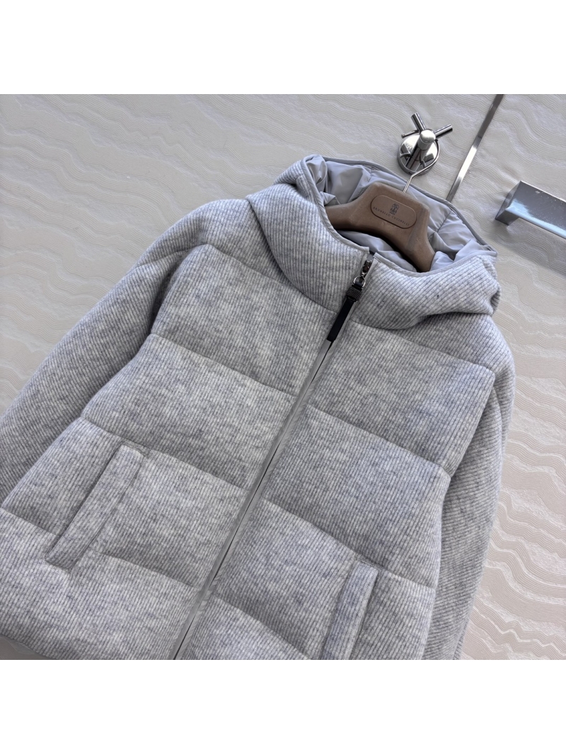 Brunello Cucinelli 100% Wool and 90% White Goose Down Hooded Puffer Coat | Timeless H-Silhouette | Heather Grey