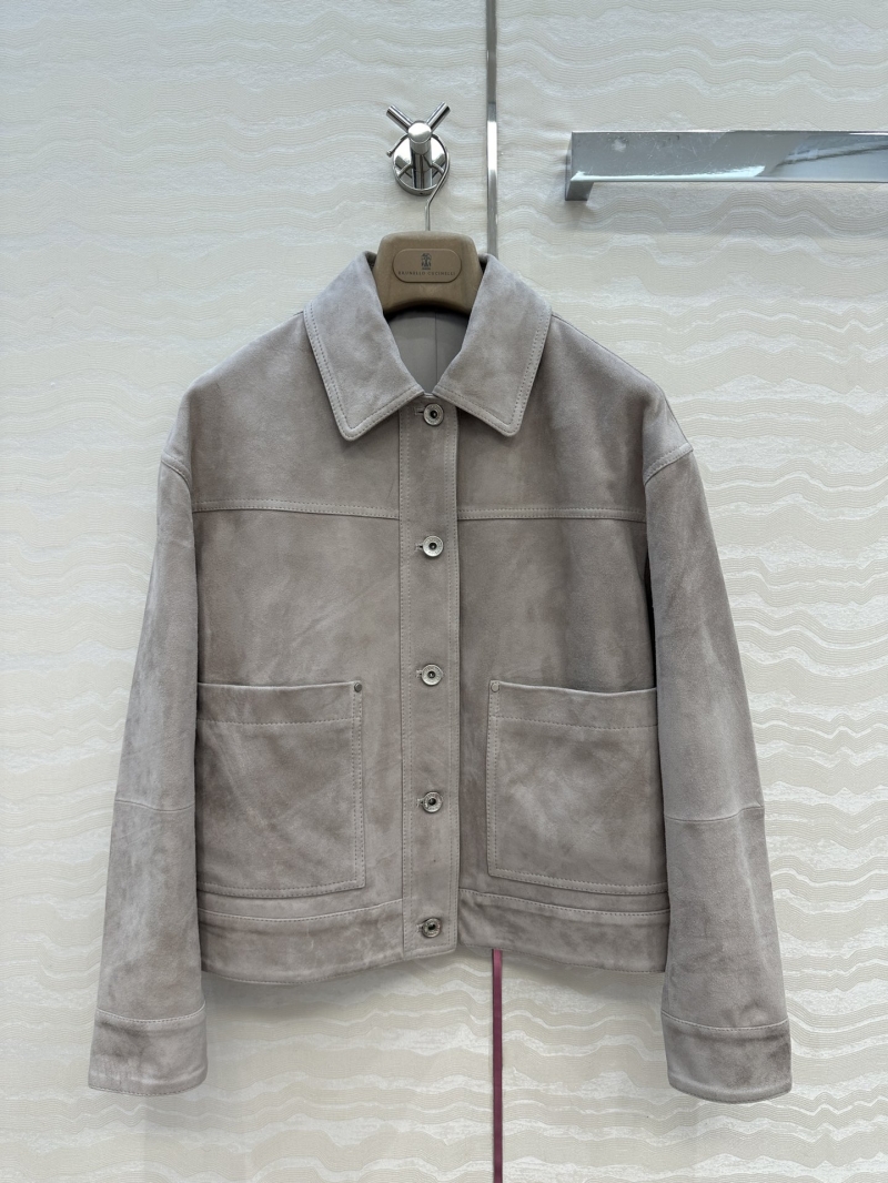 Brunello Cucinelli Suede Leather Moto Jacket – Exclusive Italian Luxury, Drop Shoulder, Copper Accents