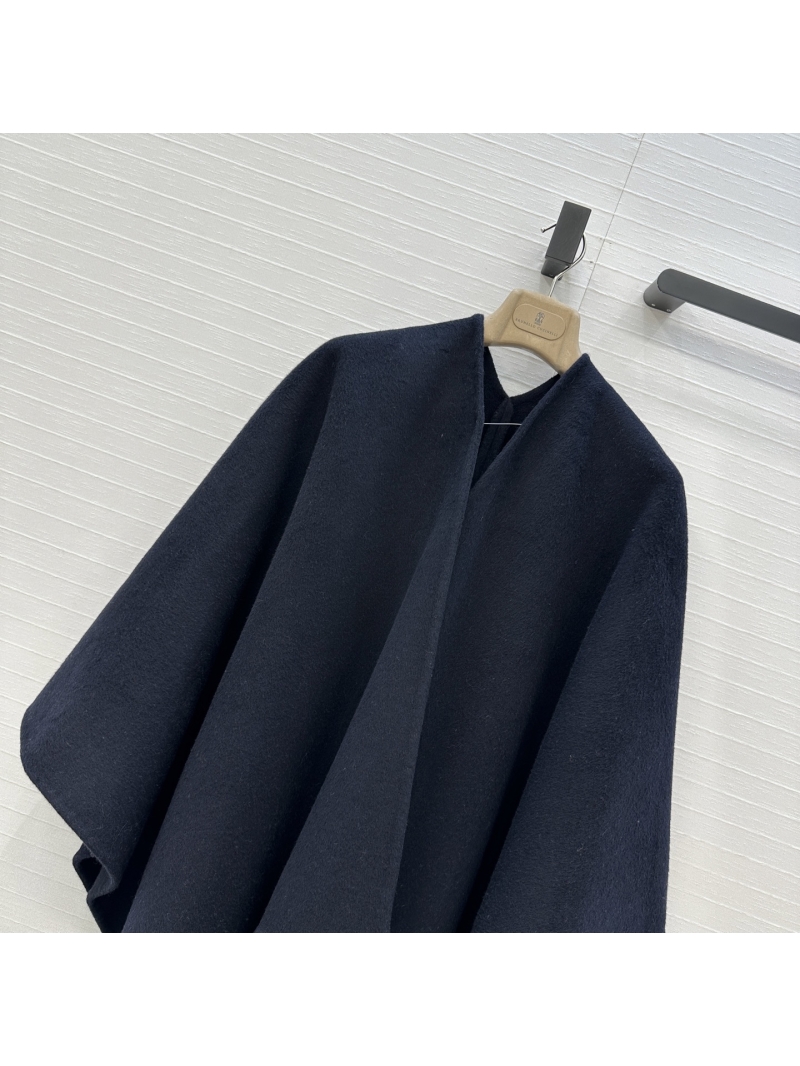 Brunello Cucinelli 100% Wool Shawl Cape – Hand-Finished Fringe, Asymmetrical Drape