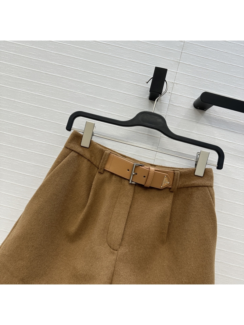 Prada Exquisite Caramel Wool Belted Shorts | Tailored Pleats & Metal Buckle