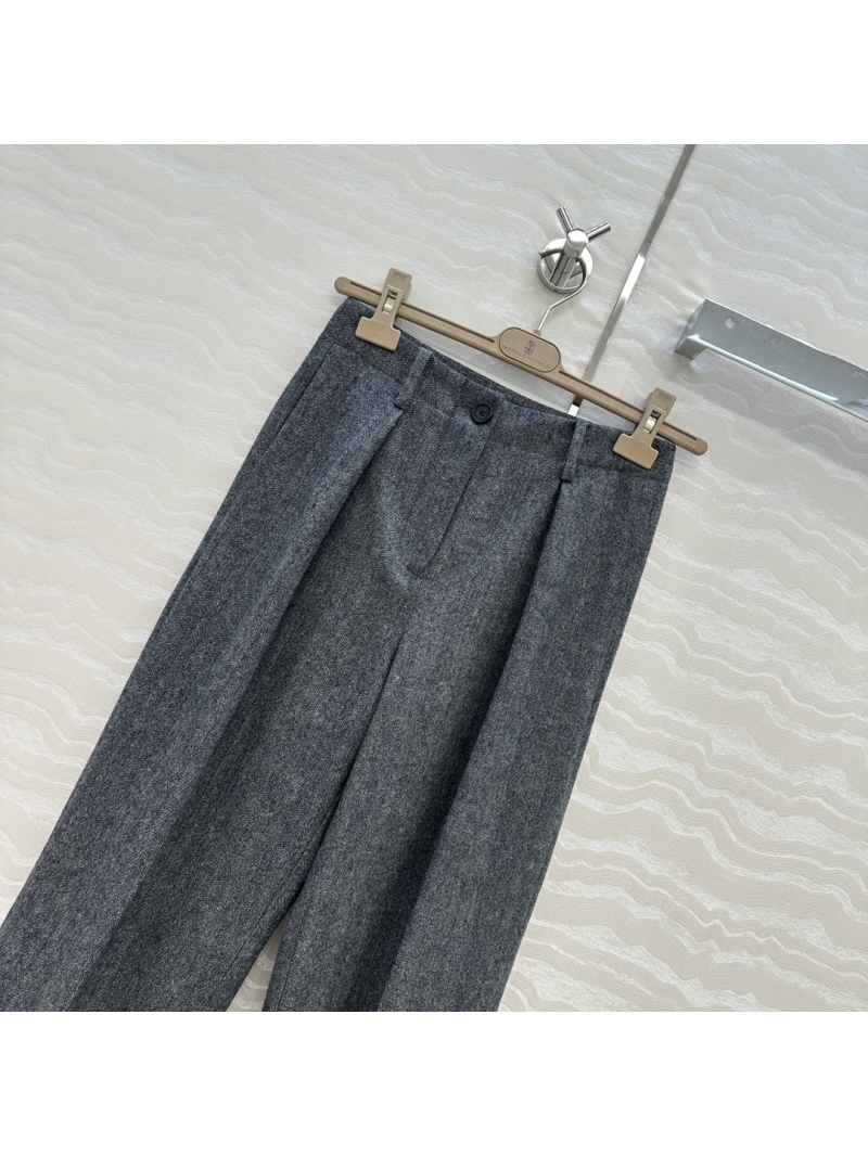 Brunello Cucinelli Premium Wool Herringbone Trousers | Tailored Mid-Rise Pleated Straight-Leg Pants