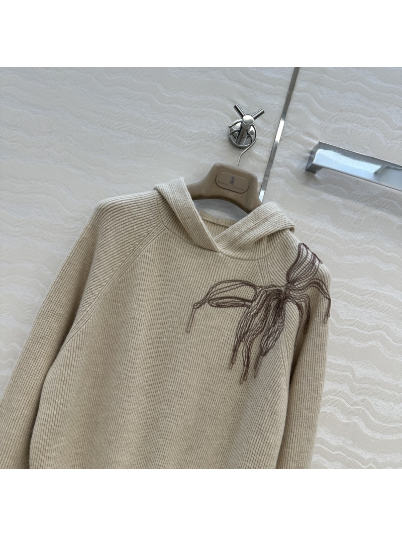 Brunello Cucinelli Cropped Hooded Sweater with Copper Chain Floral Embroidery in Imported Wool