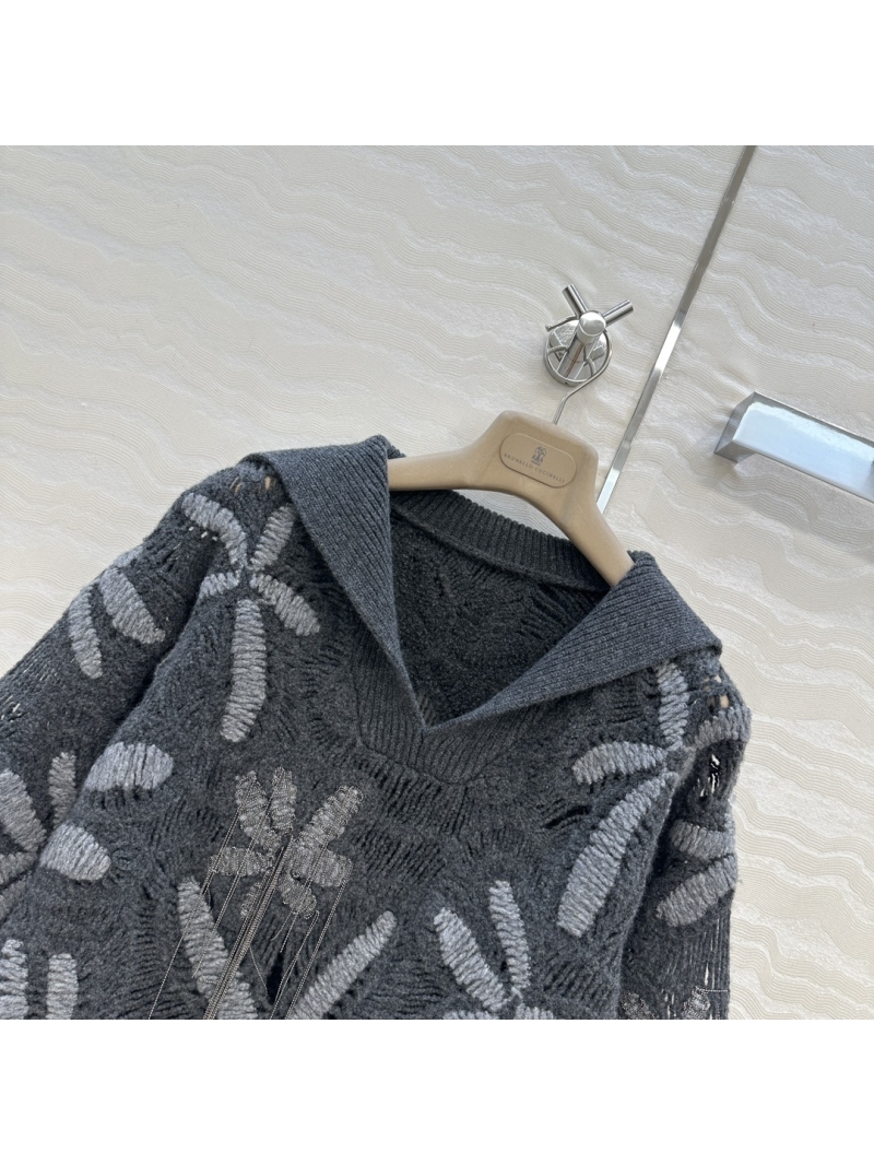 Brunello Cucinelli 100% Cashmere Embroidered Floral Chain Knit Sweater