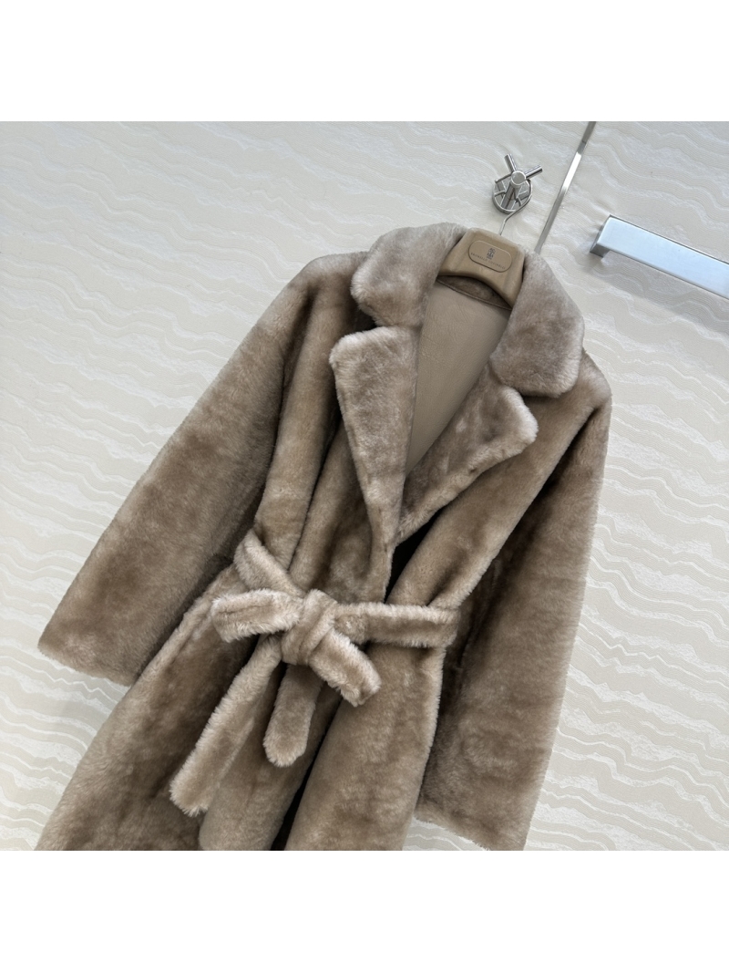 Brunello Cucinelli Exclusive Australian Merino Sheepskin Coat | Dual-Tone Fur, Leather Trim, Chain Accent Light Coffee