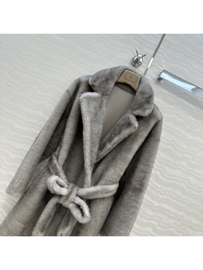Brunello Cucinelli Exclusive Australian Merino Sheepskin Coat with Dual-Tone Fur and Genuine Leather Trim Silvery Grey