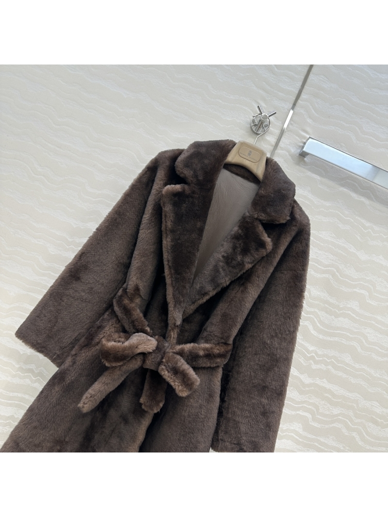 Brunello Cucinelli Exclusive Australian Merino Sheepskin Long Coat with Sable-Inspired Fur and Copper Chain Detail Toffee