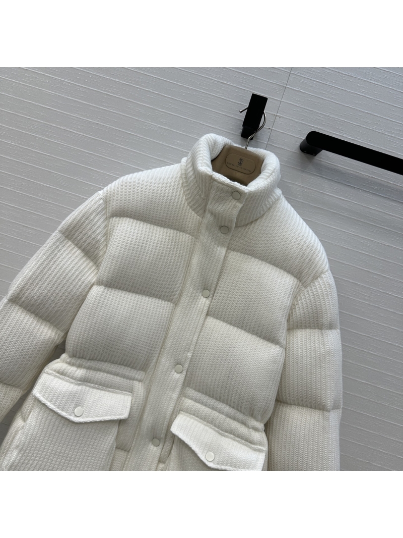 Brunello Cucinelli Wool Knit Stand-Collar Down Jacket – Old Money Style, Premium Imported Duck Down, H-Line Silhouette, Cream