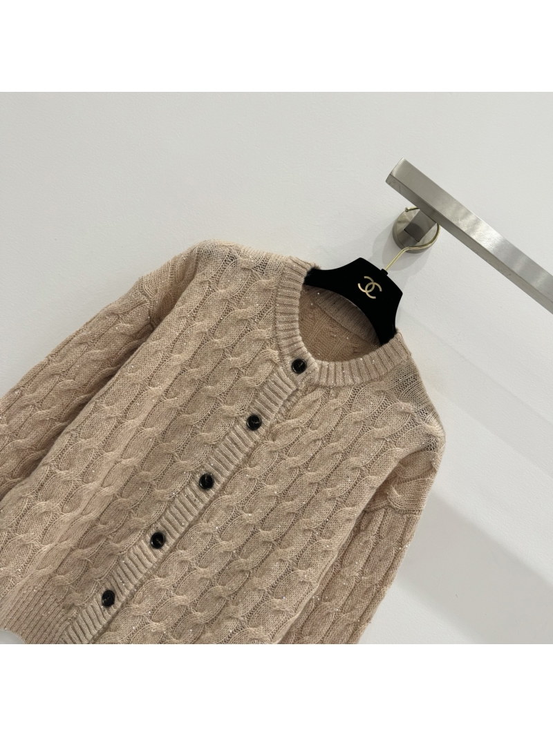 Brunello Cucinelli Beige Cable Knit Cardigan with Lurex Threads | Round Neckline & Ribbed Trim