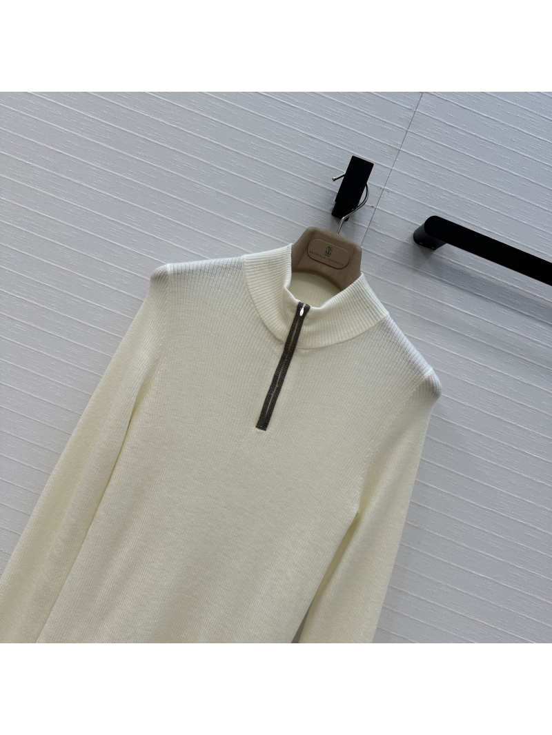 Brunello Cucinelli Half-Zip Cashmere Blend Sweater in Off-White | Slim Fit Stand Collar | Old Money Style