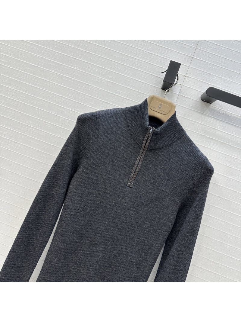 Brunello Cucinelli Cashmere Blend Half-Zip Turtleneck Sweater - Slim Fit, Dark Gray, Old Money Chic