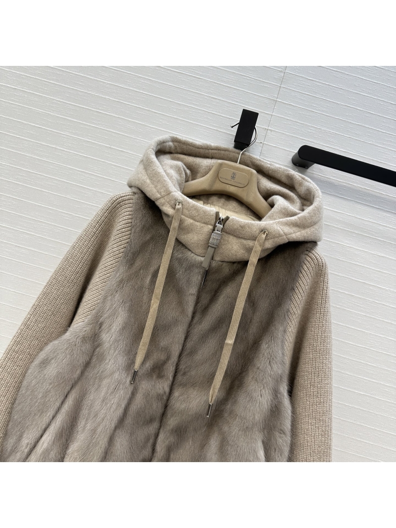 Brunello Cucinelli Silver-Blue Mink Fur & Knit Sleeve Goose Down Hooded Coat | Old Money Style | Custom H-Silhouette