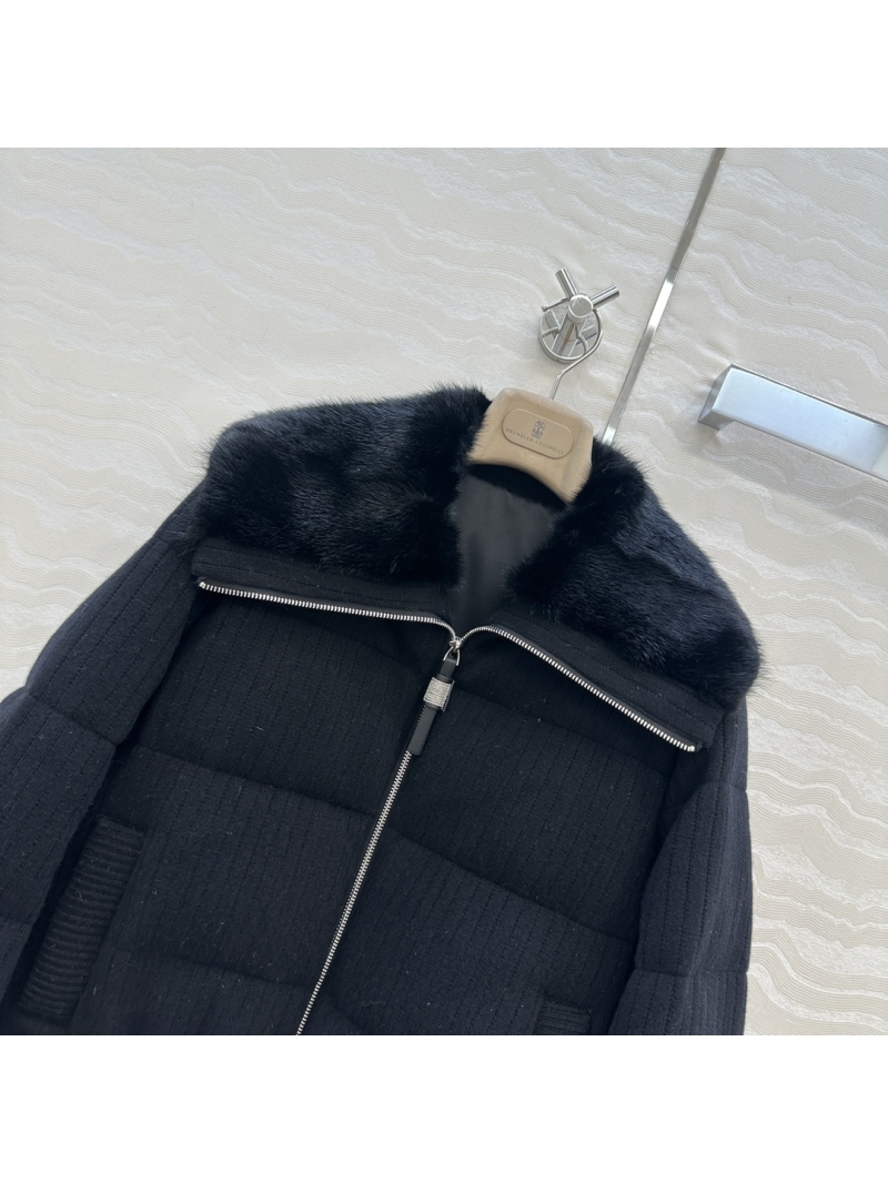 Brunello Cucinelli Old Money Style Water Mink Fur Collar Cashmere Wool Goose Down Coat