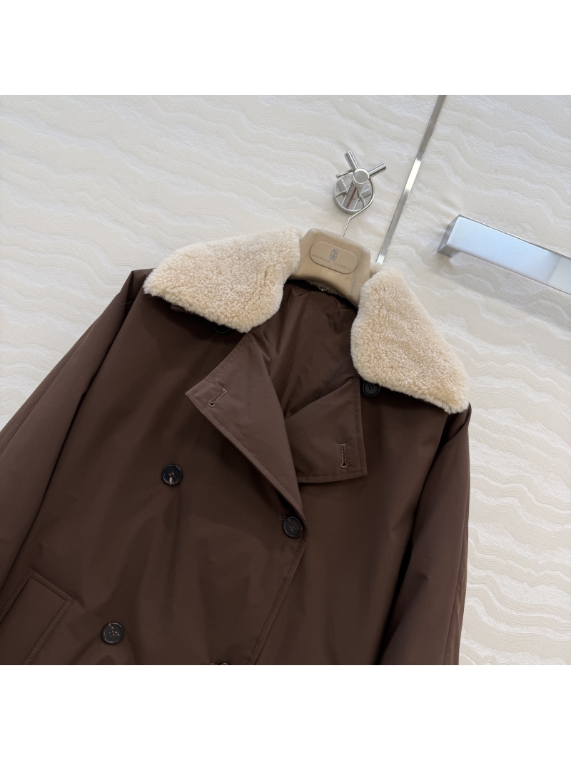 Brunello Cucinelli Luxury Italian Wool Coat with Detachable Sheepskin Collar – Classic H-Line Down Jacket with 90% White Goose Down