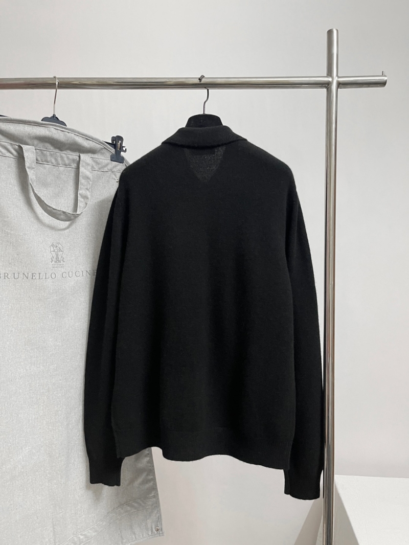 Brunello Cucinelli Black Knitted Collared Cardigan - Luxe Wool Blend with Button-Front & Chest Pockets