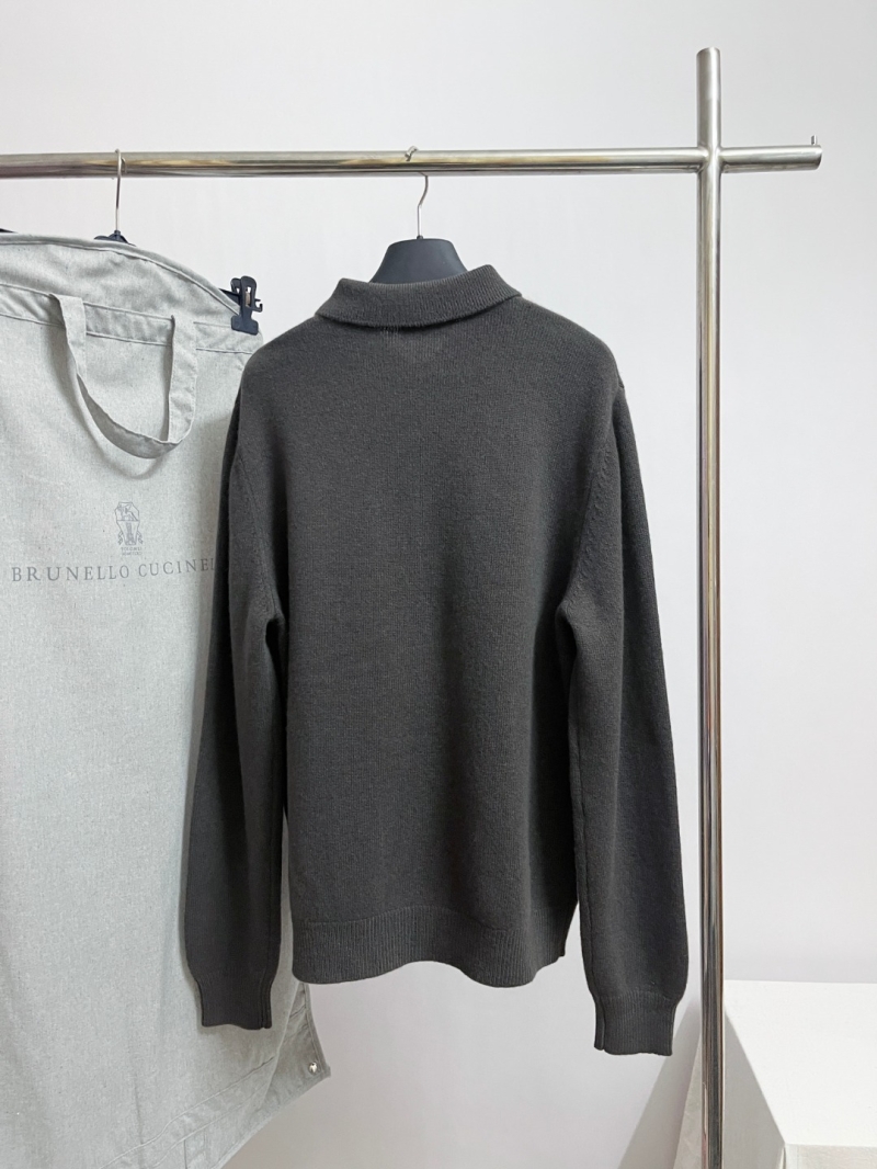 Brunello Cucinelli Charcoal Gray Ribbed Knit Cardigan with Collar and Button-Front Closure