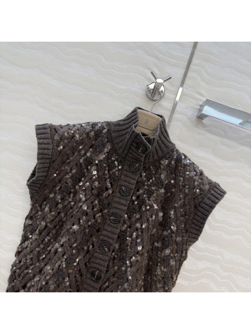 Brunello Cucinelli Chocolate Alpaca and Mohair Blend Sequin Knit Vest, Openwork Crochet, Italian Minimalist Luxury, Textured Waistcoat