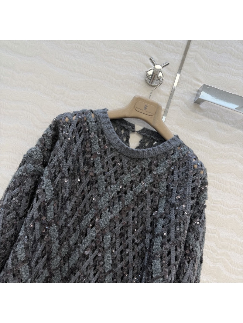 Brunello Cucinelli Cashmere & Alpaca Blend Sequin Embellished Open-Knit Sweater Grey