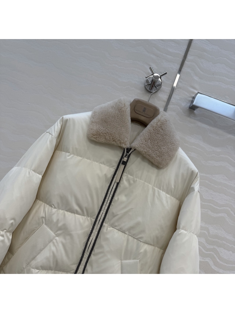 Brunello Cucinelli Exquisite Creamy White Down Jacket with Shearling Collar, Silk Blend, and Signature Copper Chain Detail