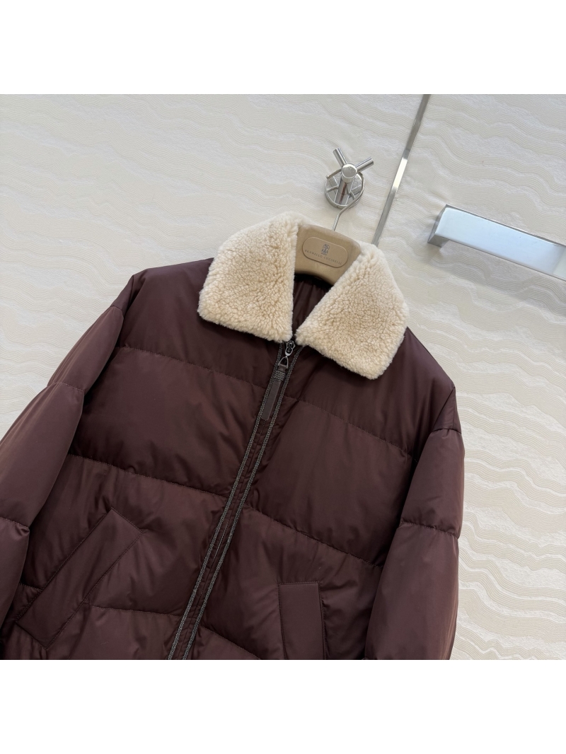Brunello Cucinelli Opulent Cocoa Cropped Puffer Jacket | Lamb's Wool & Monili Chain Detail