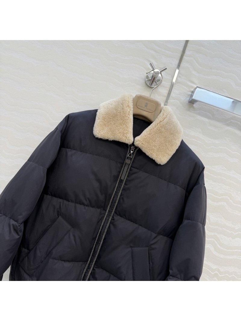 Brunello Cucinelli Luxe Lambswool Shearling Down Jacket: Silk Blend, Copper Chain, Italian Old Money Style