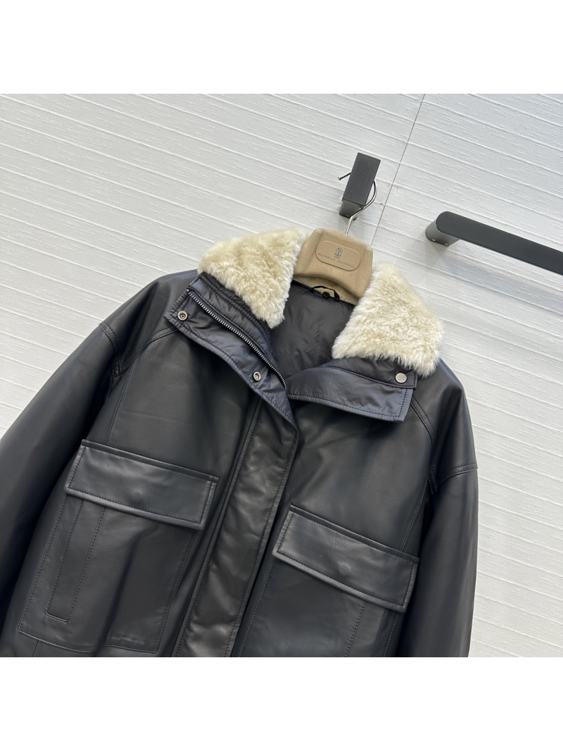 Brunello Cucinelli Sumptuous Lambskin Down Jacket with Detachable Shearling Collar (Black/Cream)