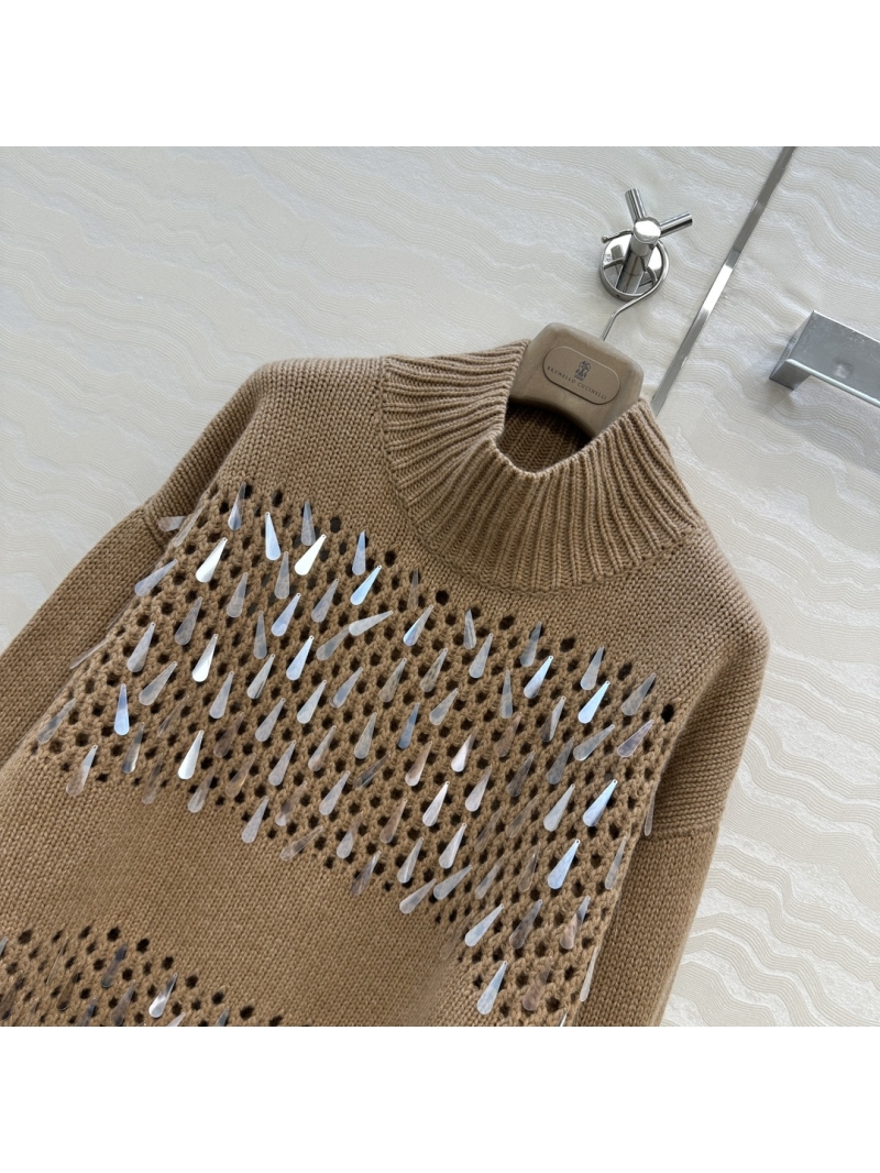 Brunello Cucinelli Opulent Handcrafted Cashmere Sweater with Teardrop Beading, Camel