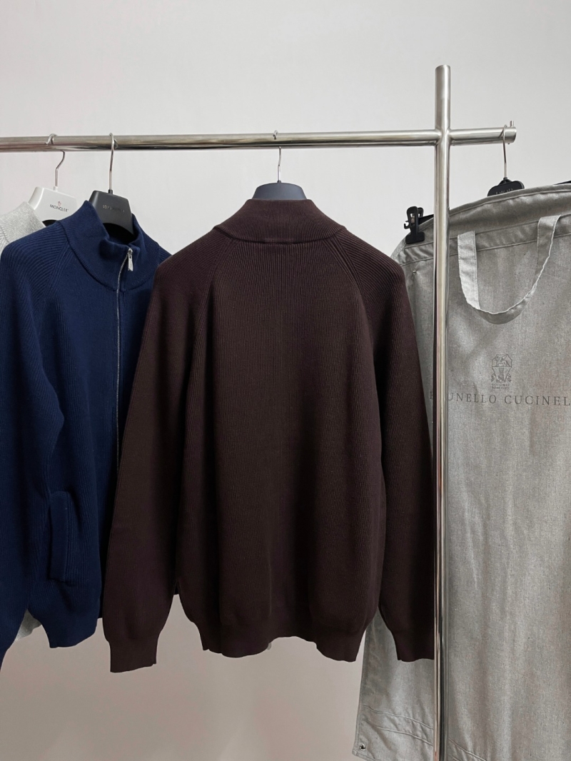 Brunello Cucinelli Elevated Deep Espresso Knit Cardigan | 100% Cotton, Mock Neck, Custom Zipper