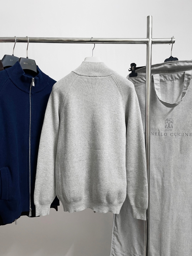 Brunello Cucinelli Exquisite Full-Zip Cotton Knit Cardigan in Light Gray