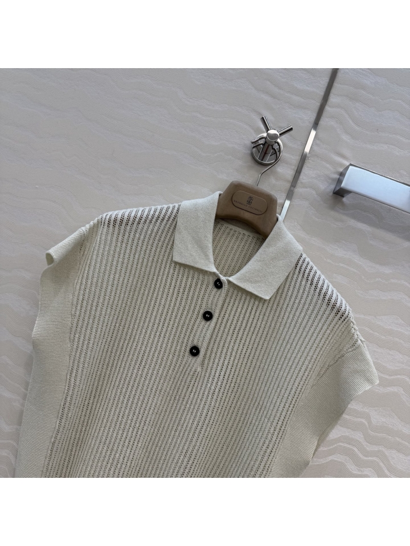 Brunello Cucinelli Silver Thread Open-Work Vertical Stripe Knit Polo Top in Cream