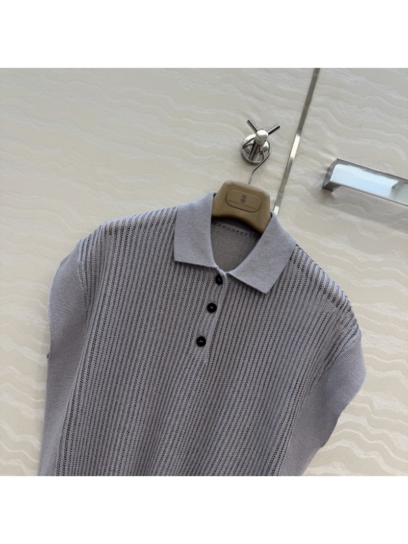 Brunello Cucinelli Italian Silver Thread Openwork Knit Sleeveless Polo Top