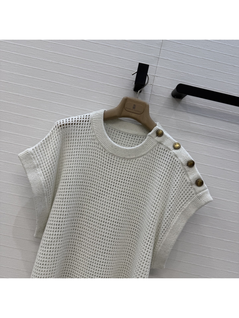 Brunello Cucinelli Italian Linen Openwork Knit Vest Top with Gold and Silver Lurex