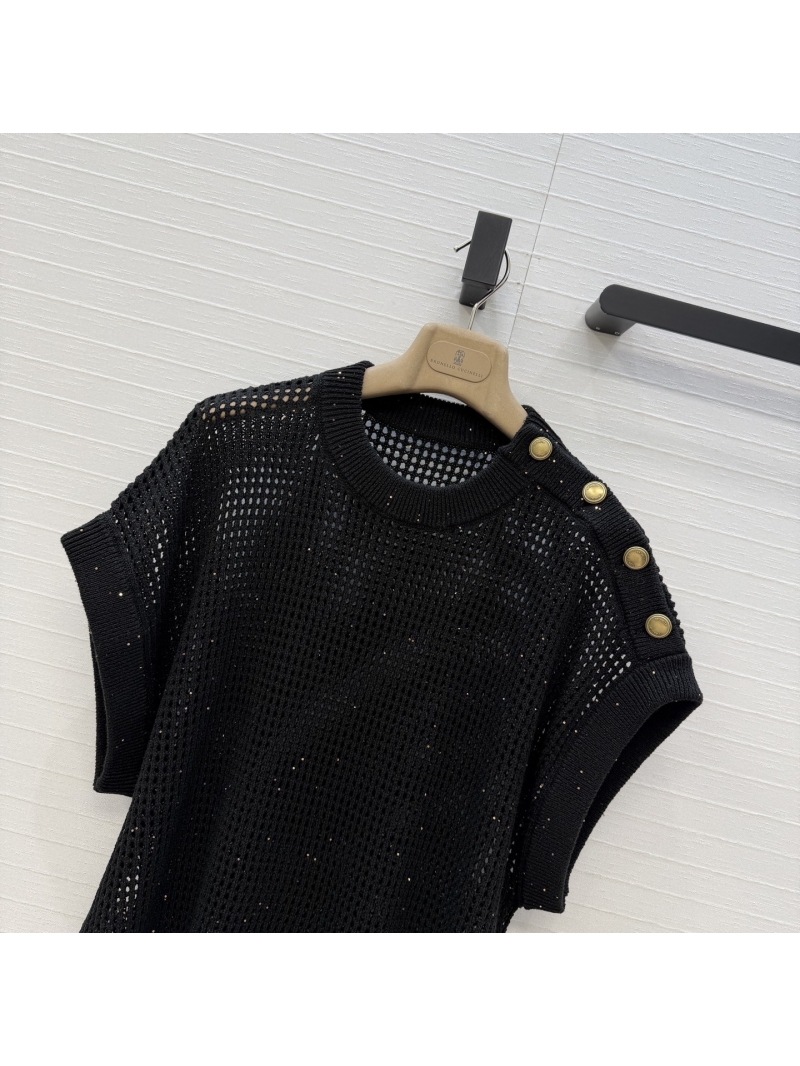 Brunello Cucinelli Shimmering Linen Open-Knit Vest Top with Decorative Gold Buttons