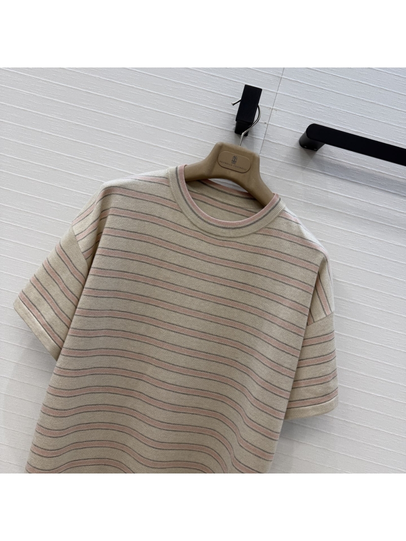 Brunello Cucinelli Sumptuous Cashmere Striped Knit Top in Italian Beige