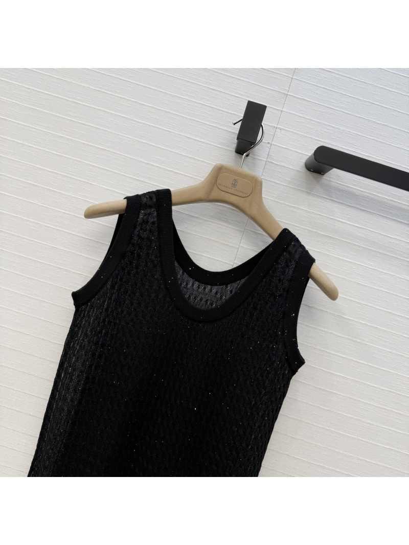 Brunello Cucinelli Black Linen-Blend Cable Knit Tank Top with Exquisite Sequin Embellishment