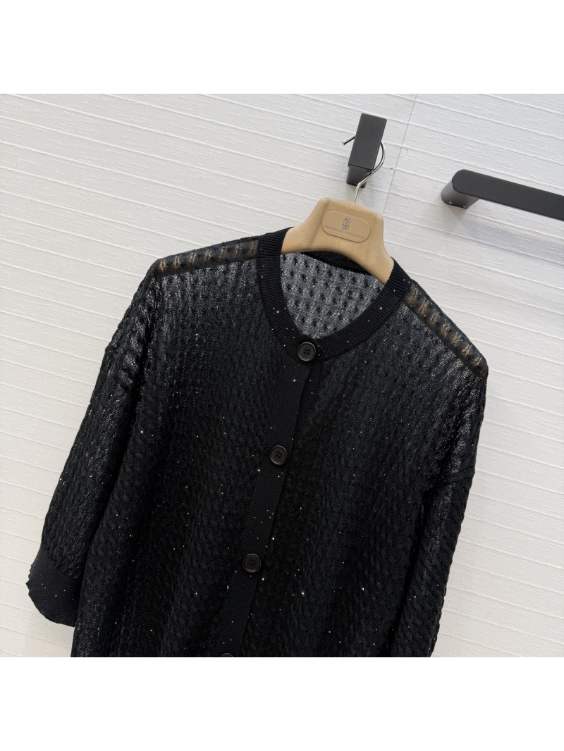 Brunello Cucinelli Black Italian Linen-Blend Micro-Sequin Textured Knit Cardigan