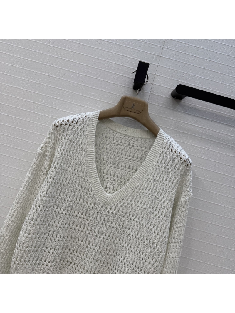 Brunello Cucinelli Exquisite Linen & Sequin Openwork V-Neck Sweater in Ecru | Old Money Aesthetic