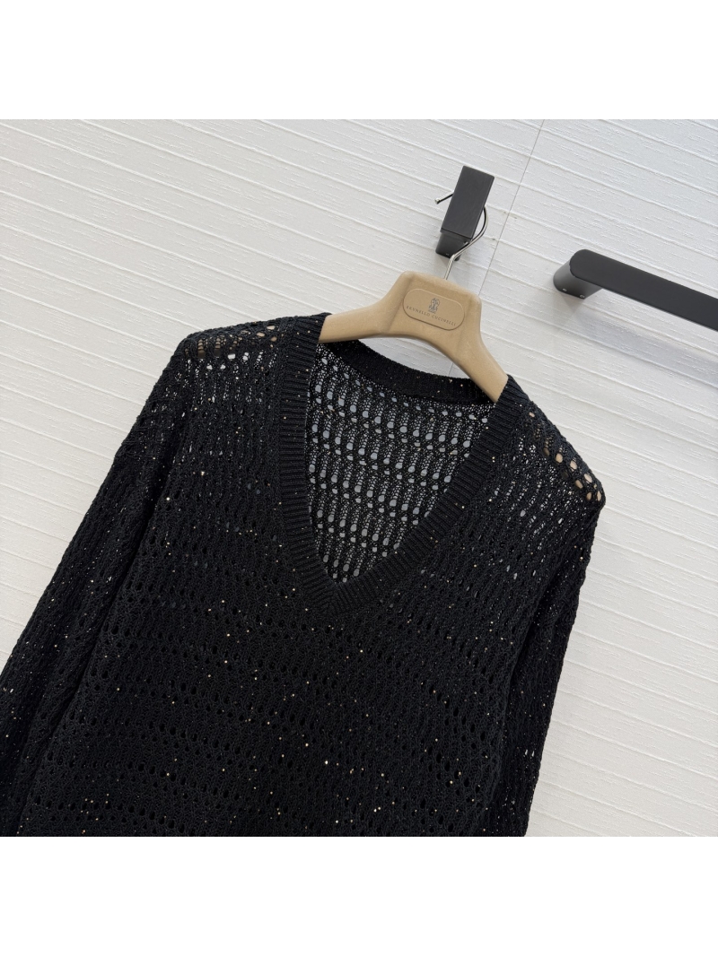 Brunello Cucinelli Exquisite Black Linen Blend V-Neck Knit Sweater | Sequined Openwork & Old Money Aesthetic