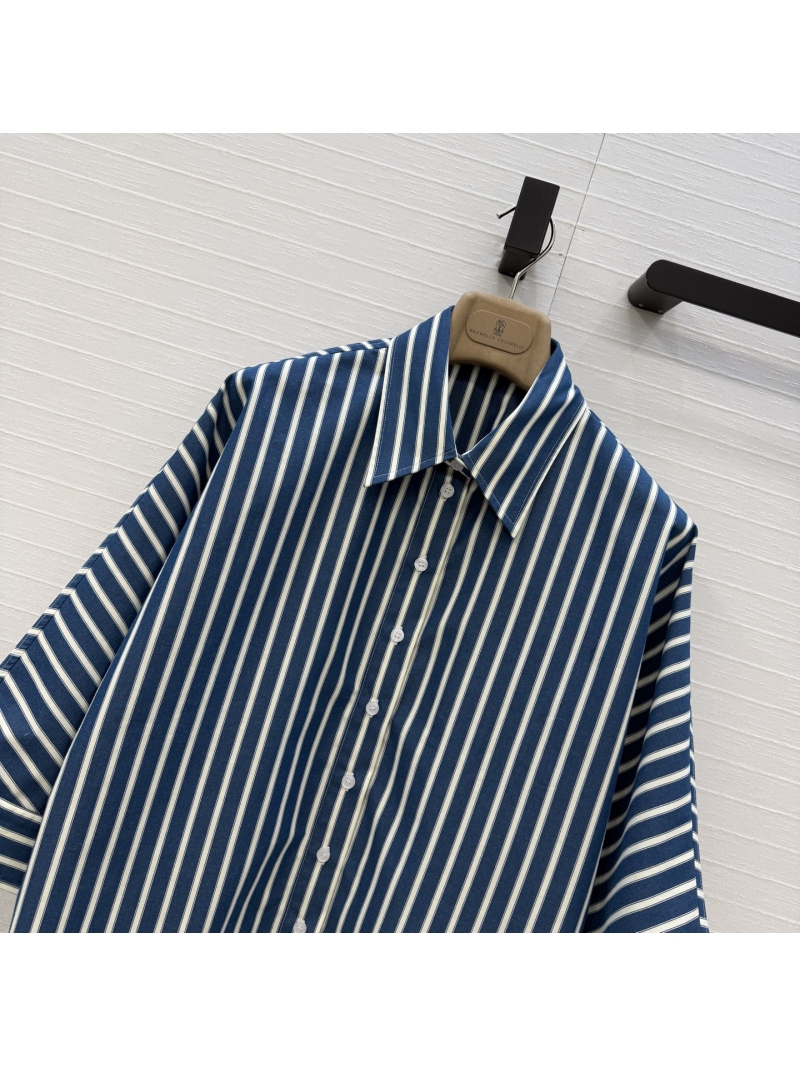 Brunello Cucinelli Luxe Pure Cotton Blue Stripe Cropped Shirt - Timeless Relaxed Fit