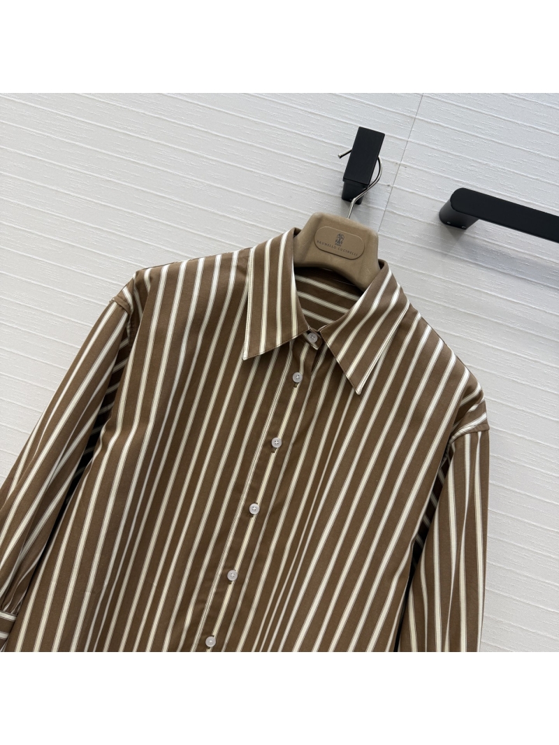 Brunello Cucinelli Pure Cotton Striped Cropped Shirt | Coffee & Cream Lantern Sleeve Blouse