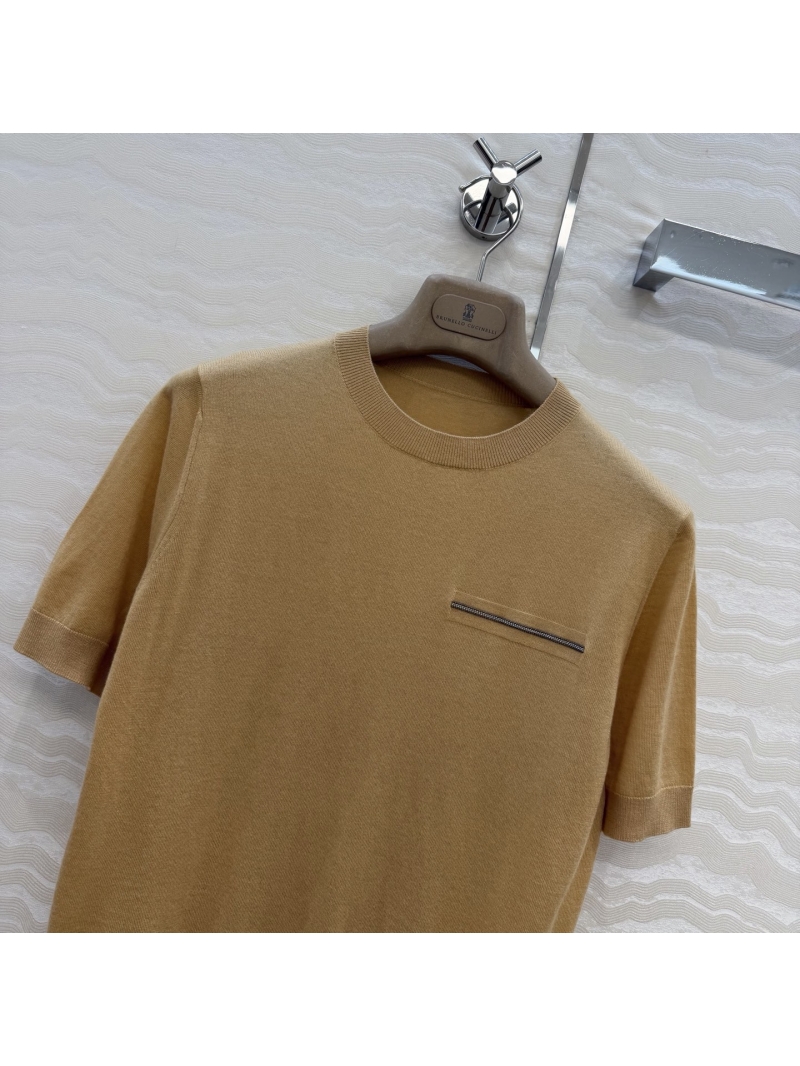 Brunello Cucinelli Sumptuous Tencel-Wool Blend Copper Chain Embroidered Knit Top